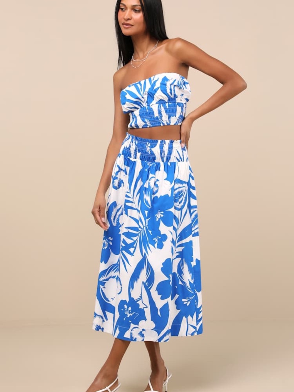 Lulu's Luanna Blue and White Floral Midi Two piece Dress